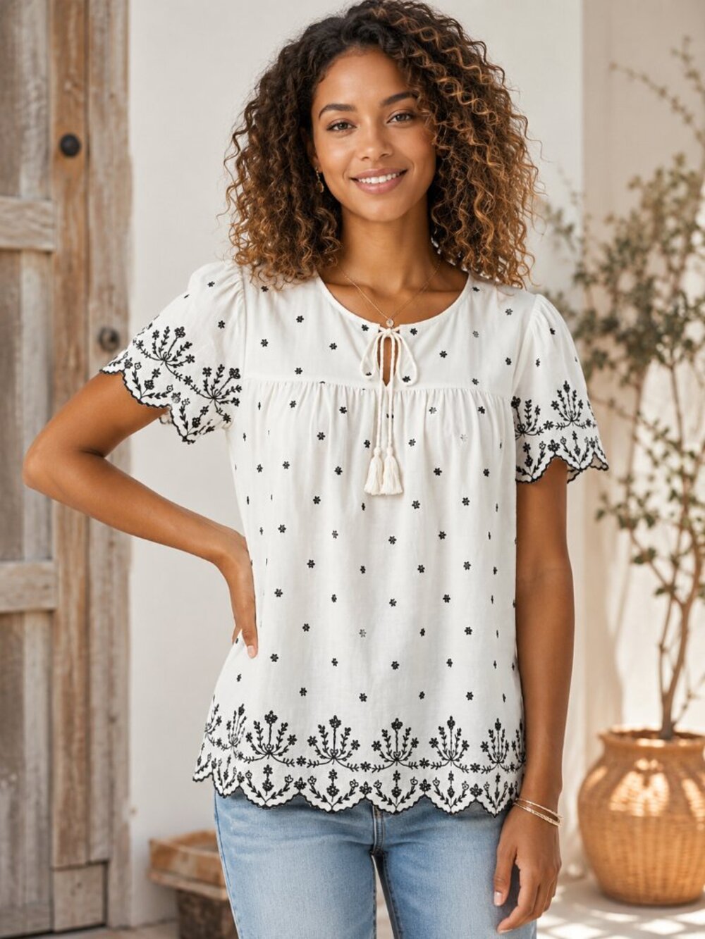 Lucky Brand Cotton White Embroidered Boho Peasant Blouse Short Sleeve Sz 26